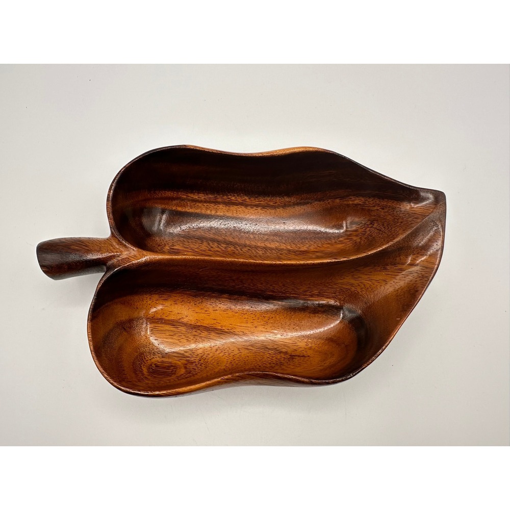 Vintage Blair Hawaii Monkey Pod Wood Leaf Dish Hand Carved Signed Divided Bowl